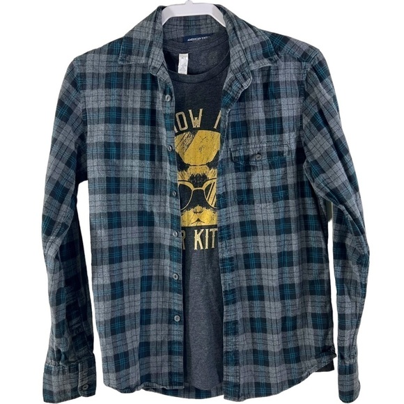 AMERICAN Eagle Black Teal Plaid Button Down Flannel Long Sleeved Shirt Slim Fit - Picture 2 of 8